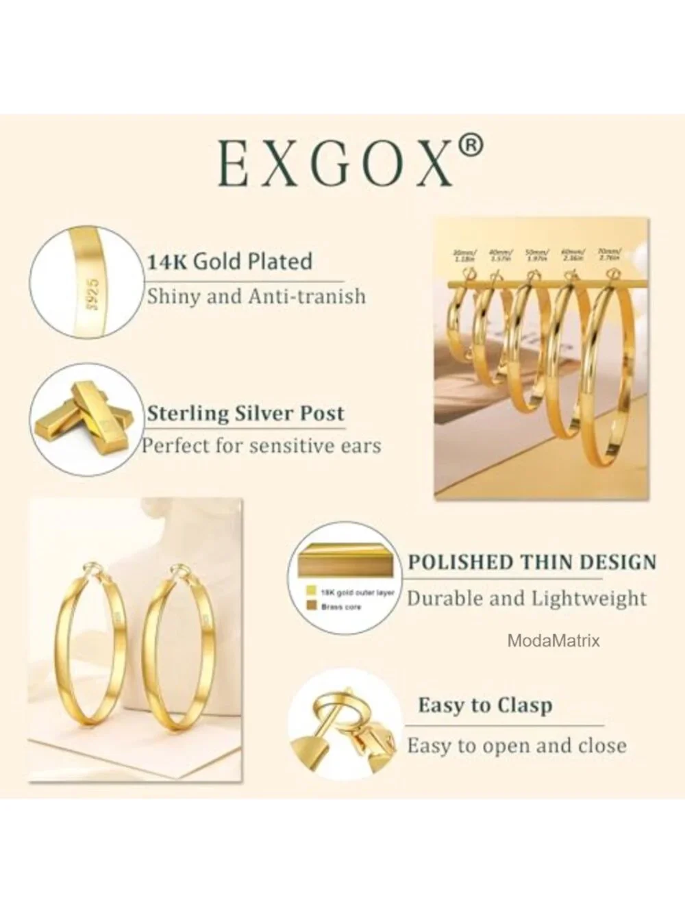5mm Wide Gold Plated Sterling Silver Hoop Earrings - Large Hoops for Women